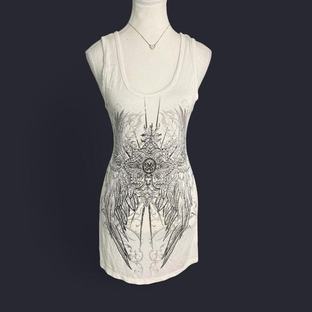 White tank top with rhinestone cross angel wings design Size M gothic grunge Y2K